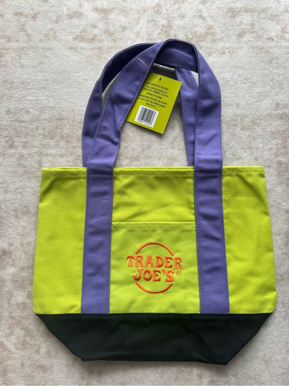 Trader Joe's Lime Green Canvas Tote with Purple Handles